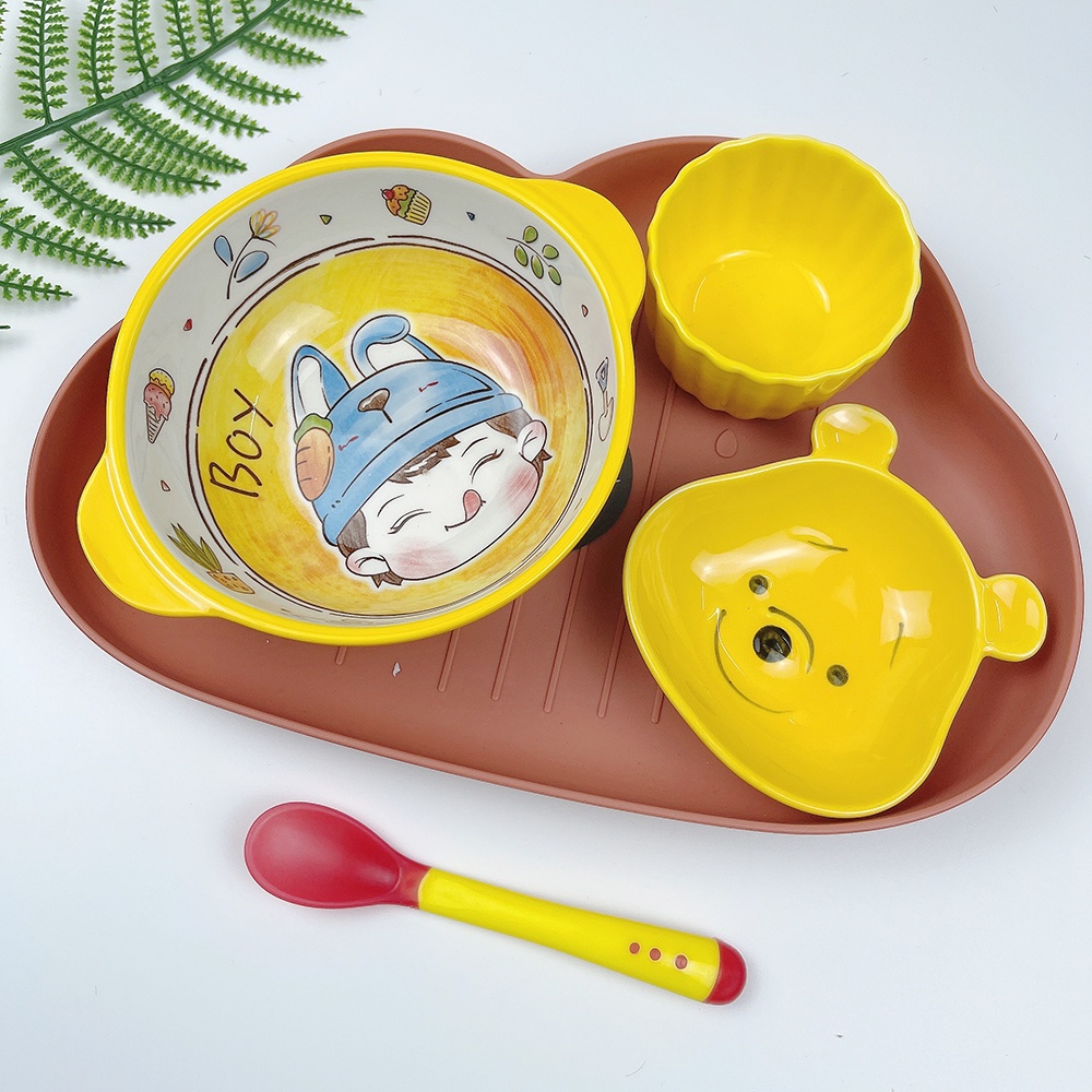 Bộ Bát Sứ Ăn Dặm Kiểu Nhật, Set Bát Ăn Dặm Gốm Sứ Kèm Khay Ăn Dặm Nhiều Hình Màu Đáng Yêu Cho Bé Tặng Kèm Thìa Báo Nóng