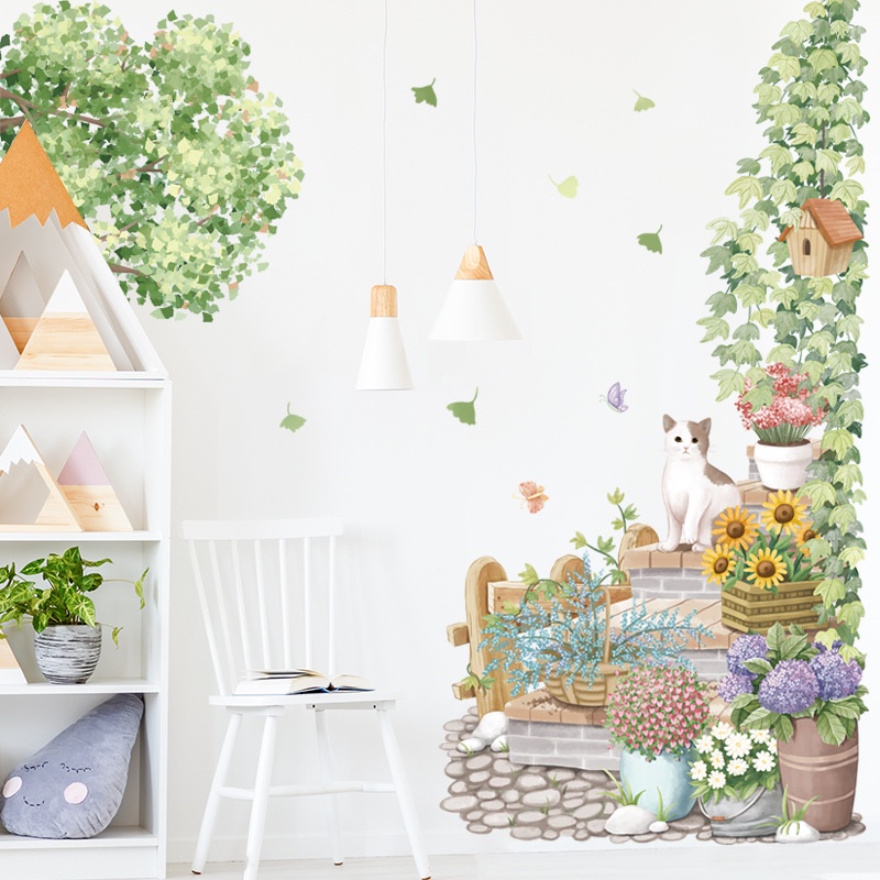 Decal dán tường decor mèo xinh ngồi bậc thang trang trí phòng khách, cửa hàng