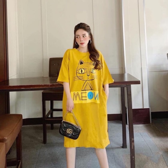 Đầm suông-Váy suông chất cotton in hình MÈO kute size 40-75kg (không túi)