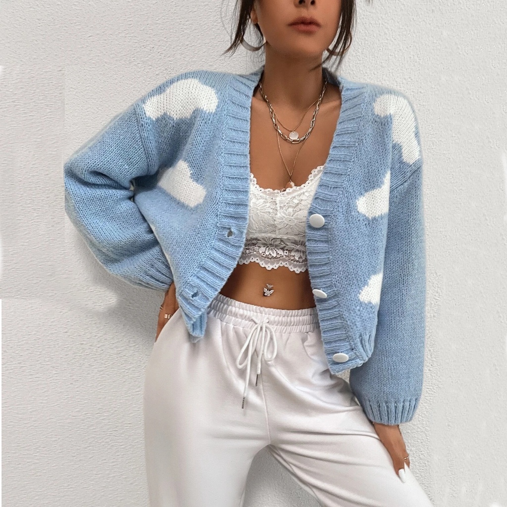 Hàng Sẵn_ Áo khoác len cổ V dáng ngắn màu xanh da trời