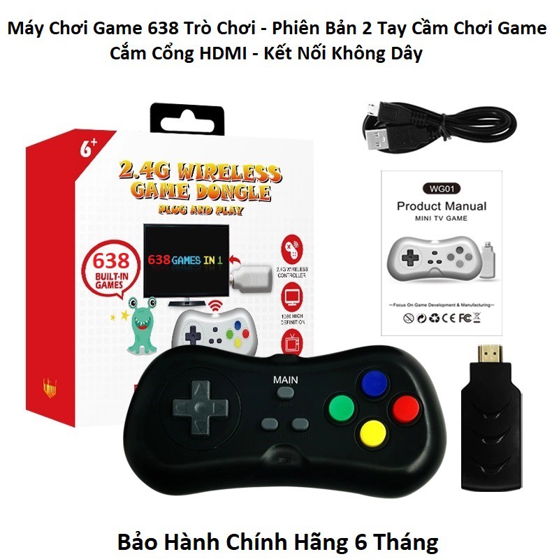 Máy Chơi Game Mini Retro 638 Trò - Phiên Bản 2 Tay Cầm Chơi Game - Cắm Cổng HDMI - Kết Nối Không Dây - Bảo Hành 6 Tháng