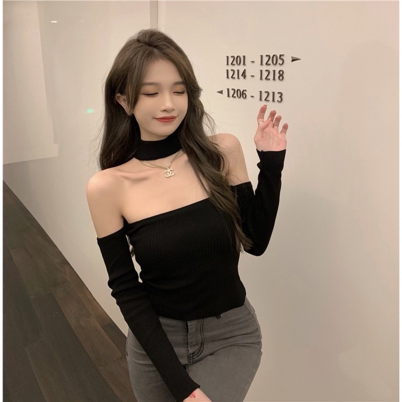 Áo Croptop Tay Dài Trễ Vai Kèm Chocker Chất Thun Gân Form Chuẩn Ôm Body Hot Hit Ulzzang