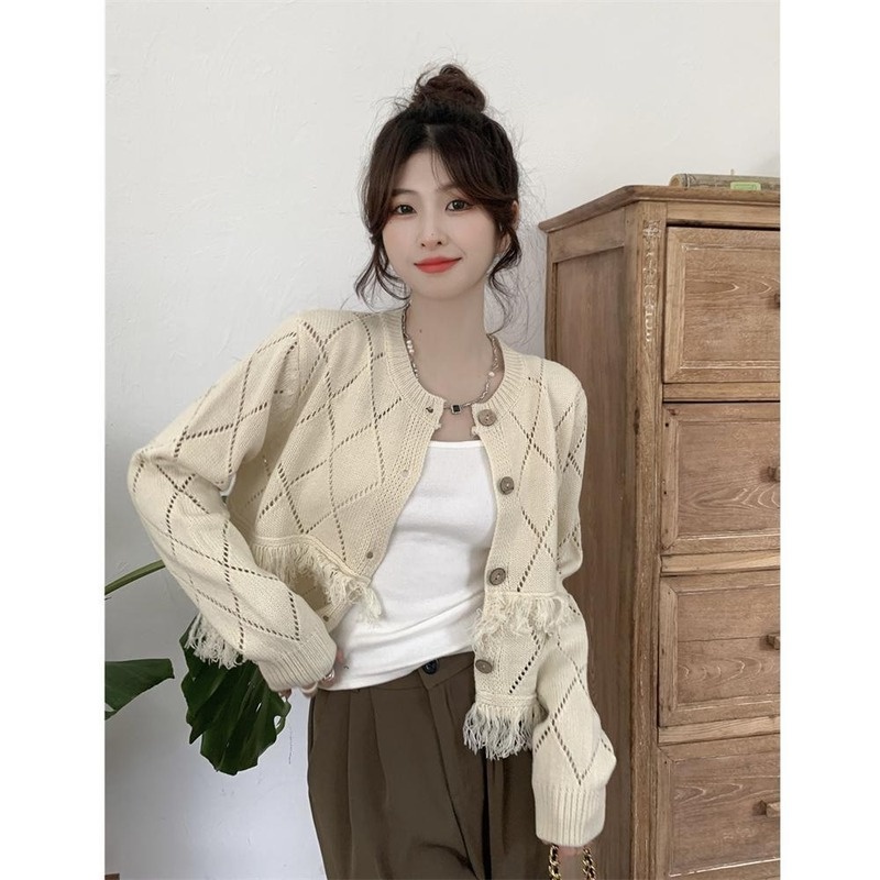 Áo Khoác Cardigan Dệt Kim Mỏng Phối Tua Rua Giả Nhiều Lớp Thời Trang Mùa Thu Cho Nữ