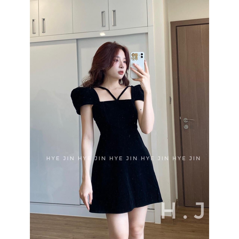 🍃 VÁY NHUNG DÂY CỔ DÁNG NGẮN 2 màu ĐEN ,ĐỎ  lolla_ye_fashion