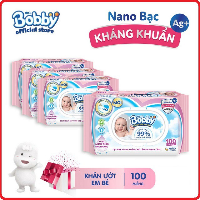 Khăn ướt Bobby Care Hương thơm nhẹ nhàng (Hồng) / Không mùi (Xanh) 100 tờ/gói