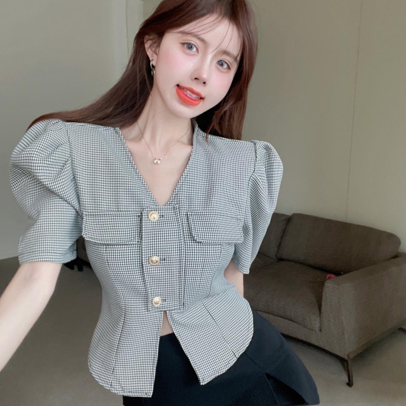 COZOKC Áo Sơ Mi Tay Bồng Dáng Ôm Hoa Văn Kẻ Ô Dễ Phối Đồ Thời Trang