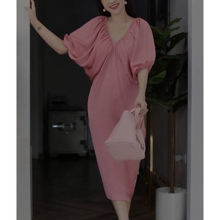 Đầm Lụa Dáng Suông Cổ V Tay Phồng