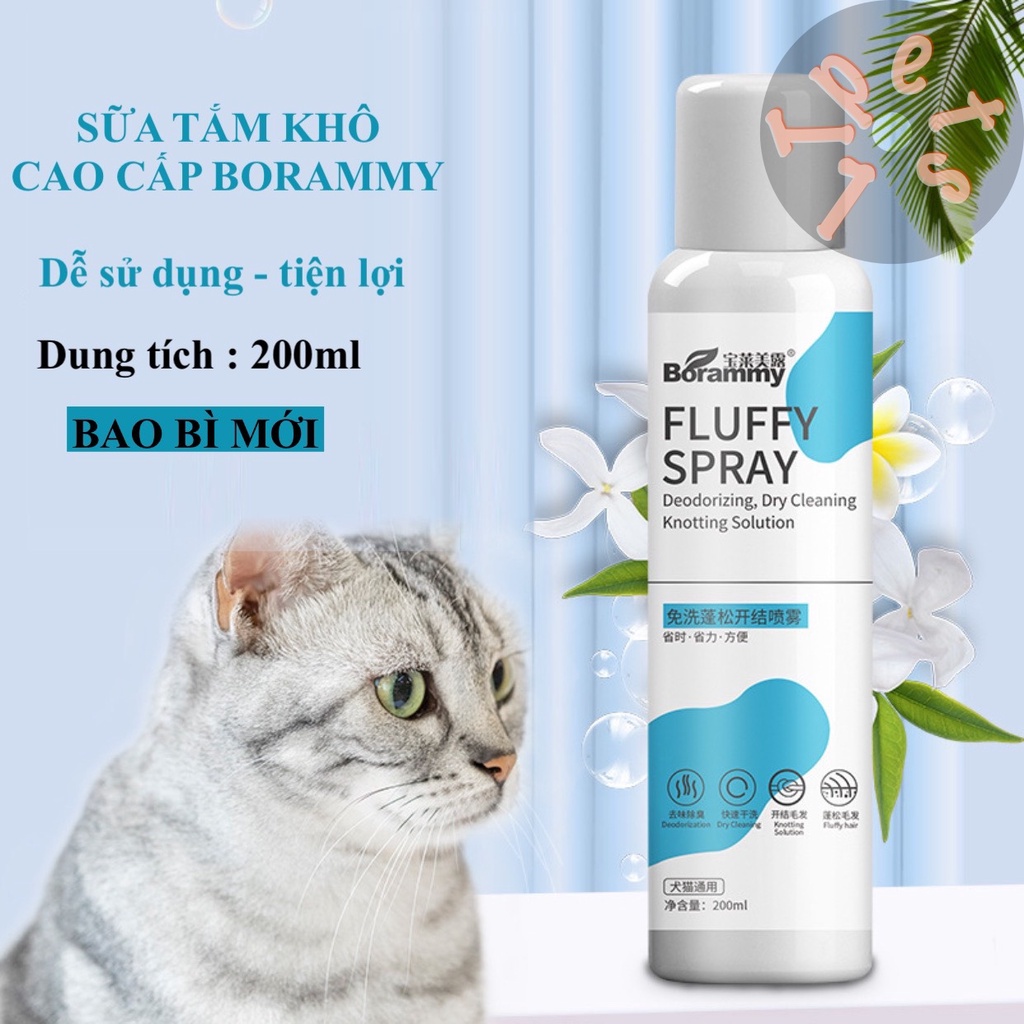 Sữa tắm khô cho chó mèo dạng xịt Borammy - 200ml