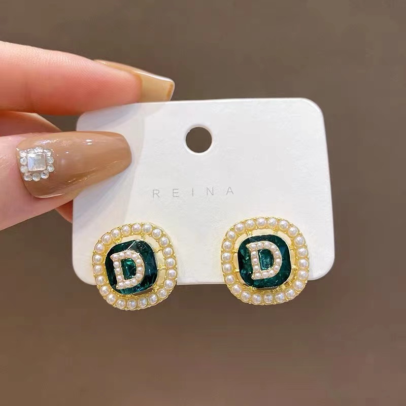 Bông Tai Mạ Bạc 925 Hình Chữ D Đính Ngọc Trai Sang Trọng Thời Trang