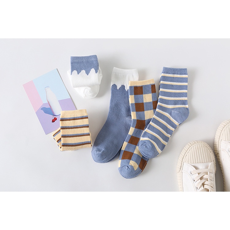 Tất cổ cao, vớ nữ cổ cao caro kẻ sọc chất liệu vải cotton co giãn thoáng khí phối màu dễ thương V-02 – MayTo