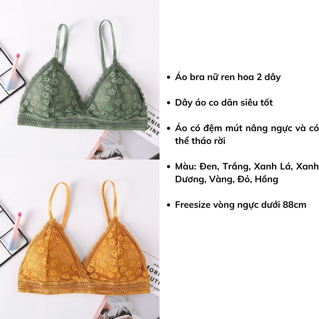 Áo bra nữ ren 2 dây gợi cảm, Áo lót không gọng đệm mút mỏng họa tiết hoa cực đẹp LANIXA B7156