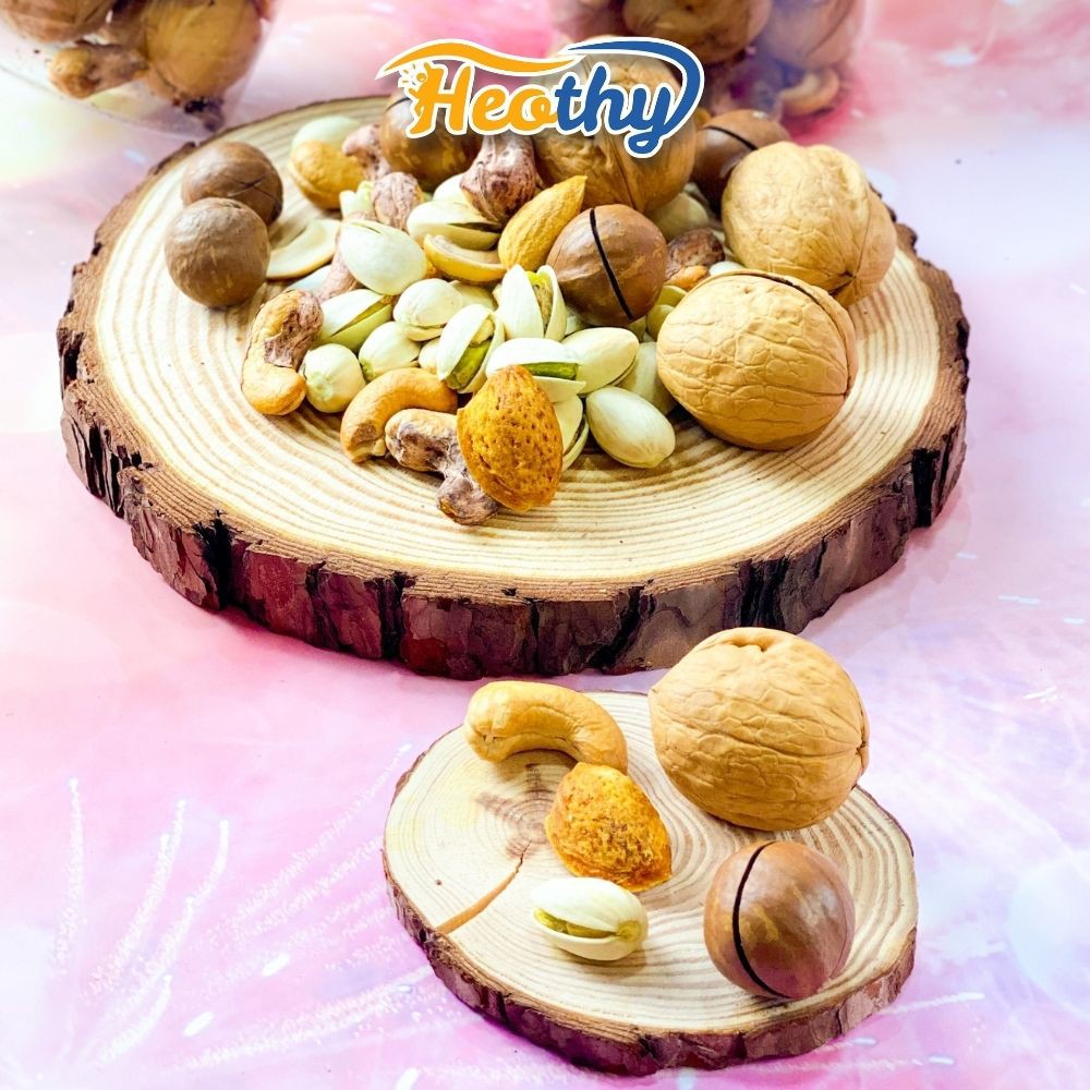 Hạt dinh dưỡng mix 5 loại hạt dẻ cười, hạnh nhân, macca, óc chó, hạt điều 450g Heothy Food, đồ ăn vặt Việt Nam