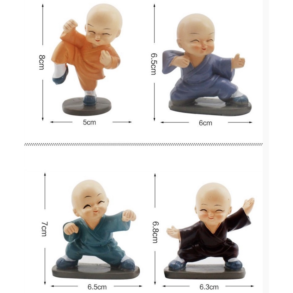 Bộ tượng 4 chú tiểu tứ không múa võ túy quyền ngỗ nghĩnh trang trí taplo ô tô xe hơi, bàn làm việc, tiểu cảnh
