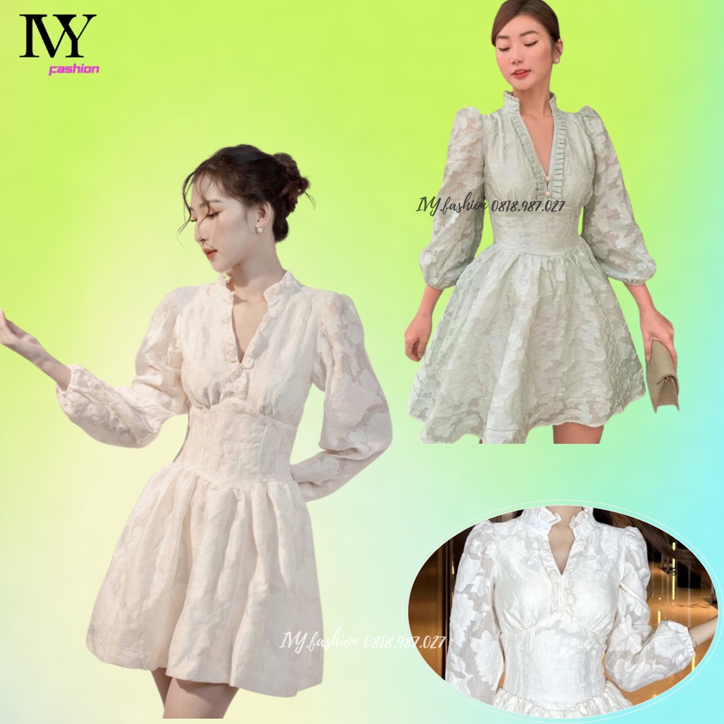 Đầm váy xoè trắng xanh đậu 🔥ren hoa nổi🔥 tay bồng cổ tàu tay dài xếp ly ivy.fashion đi biển dự tiệc dạo phố bigsize