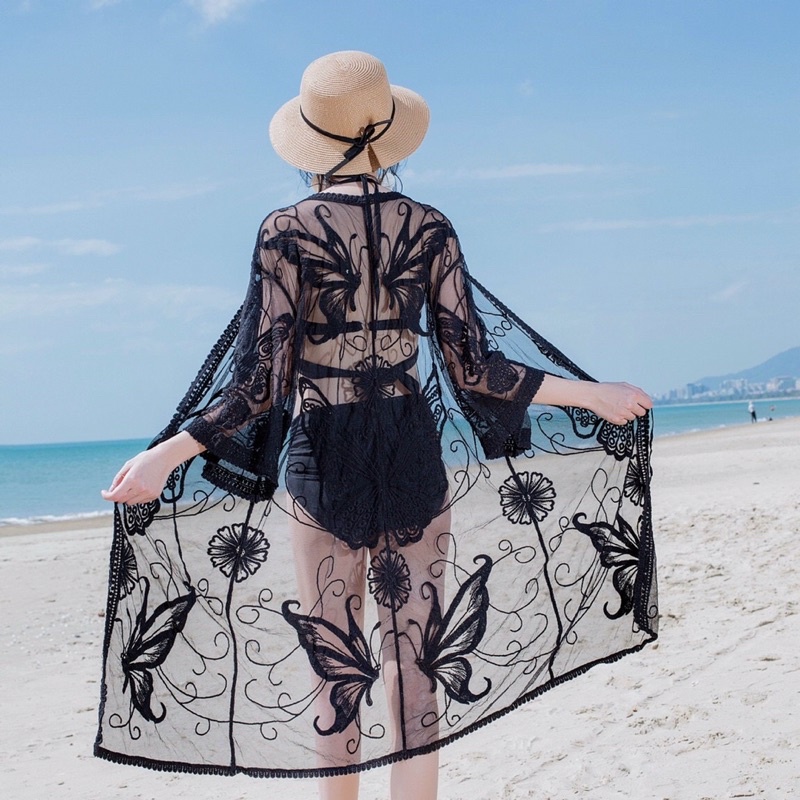 Áo choàng đi biển nữ dáng dài nhẹ nhàng quyến rũ kết hợp cùng bikini 2 mảnh