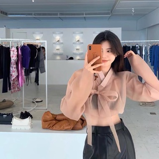 Áo Hanbok cách tân trong suốt màu cam đất