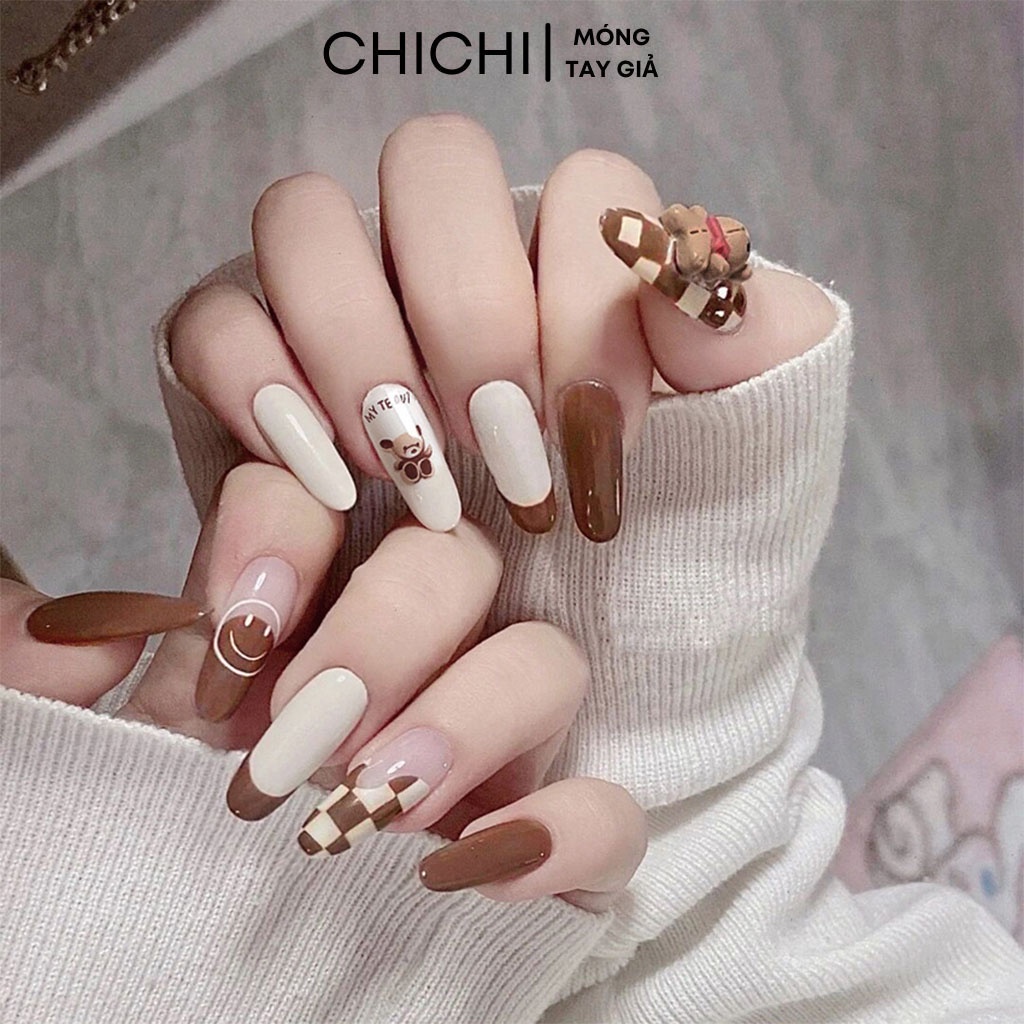 Bộ 24 móng tay giả đính đá gấu dễ thương kèm keo và tặng kèm bộ phụ kiện móng