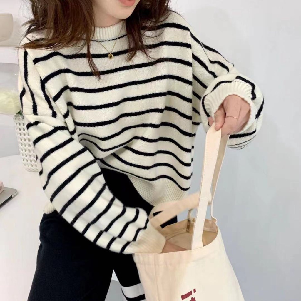 Áo sweater kẻ sọc dáng rộng thời trang phong cách Hàn Quốc