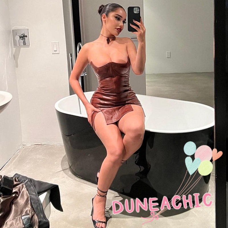 DUNEA Đầm da pu không tay hở vai gợi cảm dành cho nữ