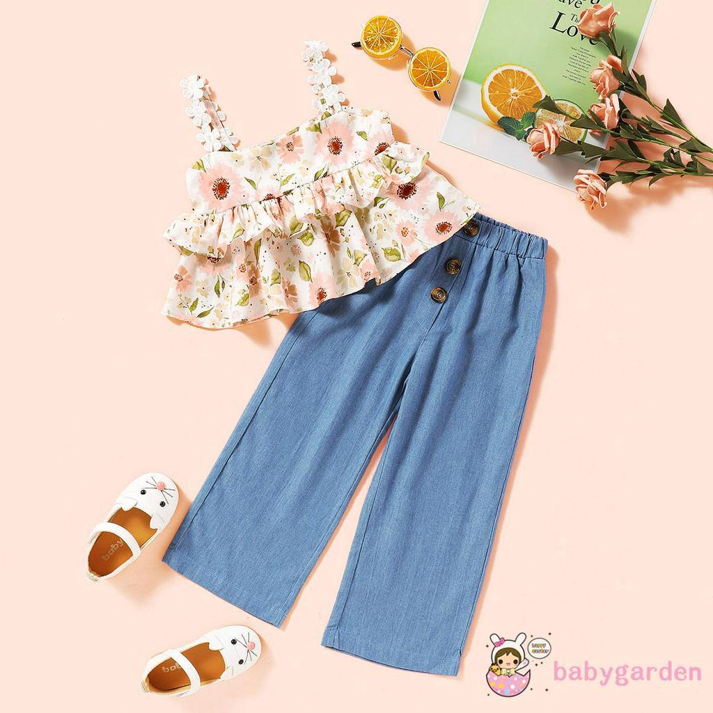Áo Trễ Vai Và Quần In Hoa Cho Bé Gái