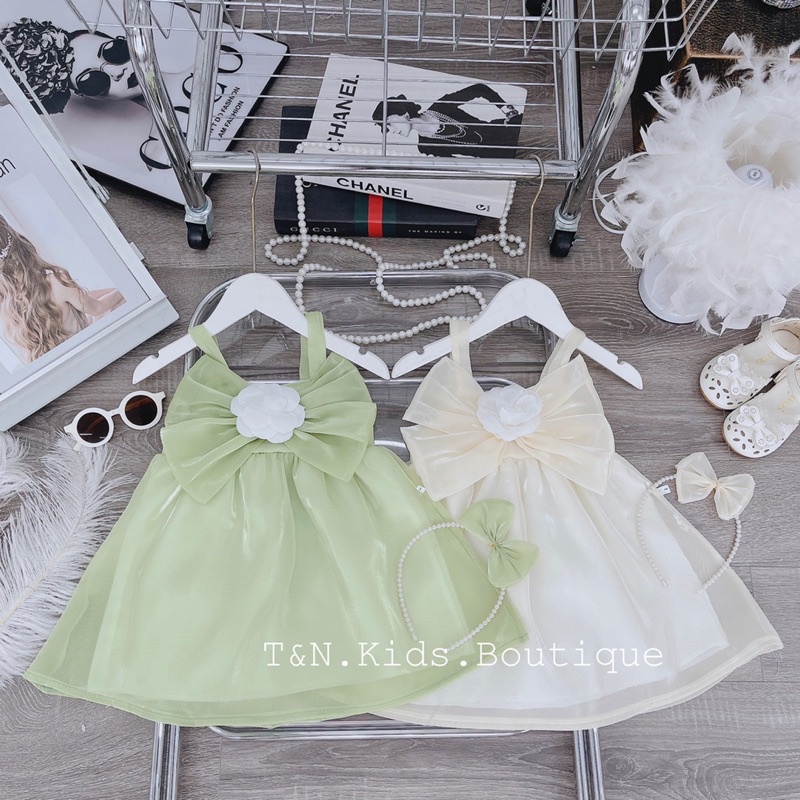 Váy tơ hoa trà kèm bờm cho bé gái