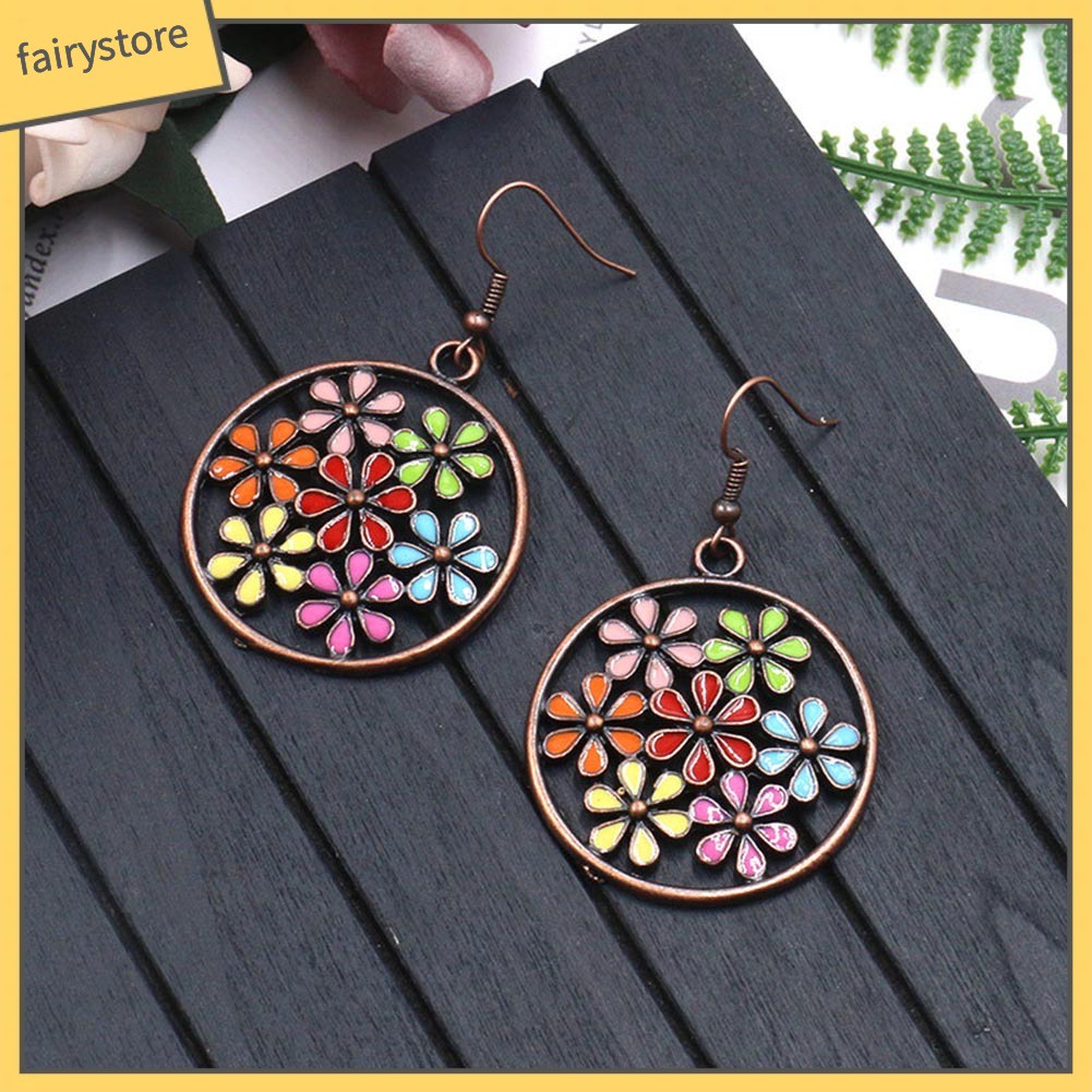 Bông tai trang sức mặt hoa tròn cỡ lớn kiểu Bohemian nhiều màu thời trang nữ