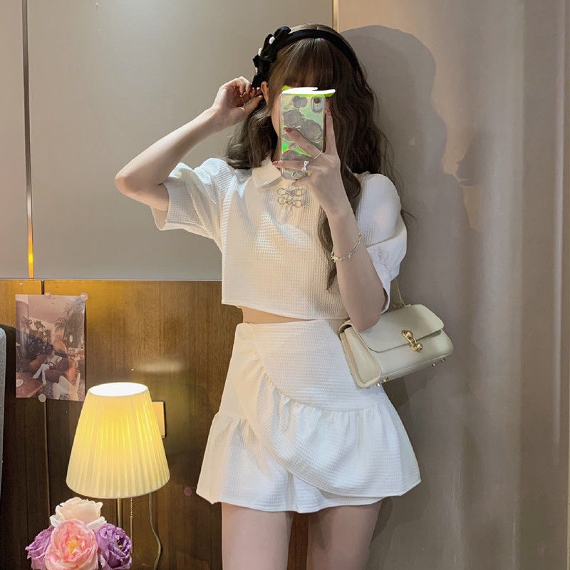 Set váy áo croptop Bộ Áo Tay Phồng Ngắn + Chân Váy Phồng Màu Trơn Thời Trang Mùa Hè 2023