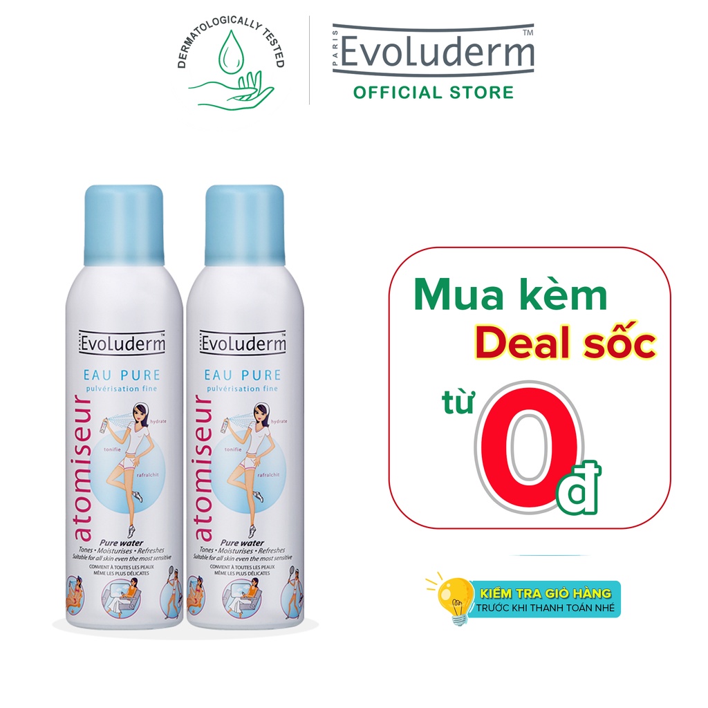 Bộ 2 xịt khoáng Evoluderm atomiseur eau pure dưỡng ẩm cấp nước cho da 150ml x2