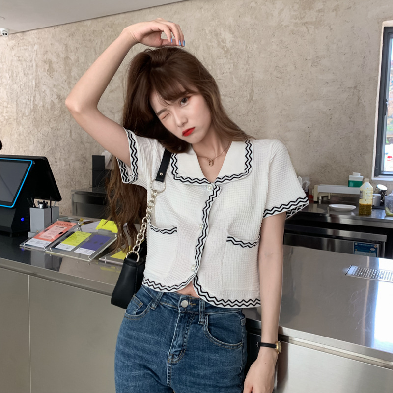 Áo Khoác Cardigan Ngắn Tay Với Thiết Kế Cổ Búp Bê Xinh Xắn Dành Cho Nữ | BigBuy360 - bigbuy360.vn