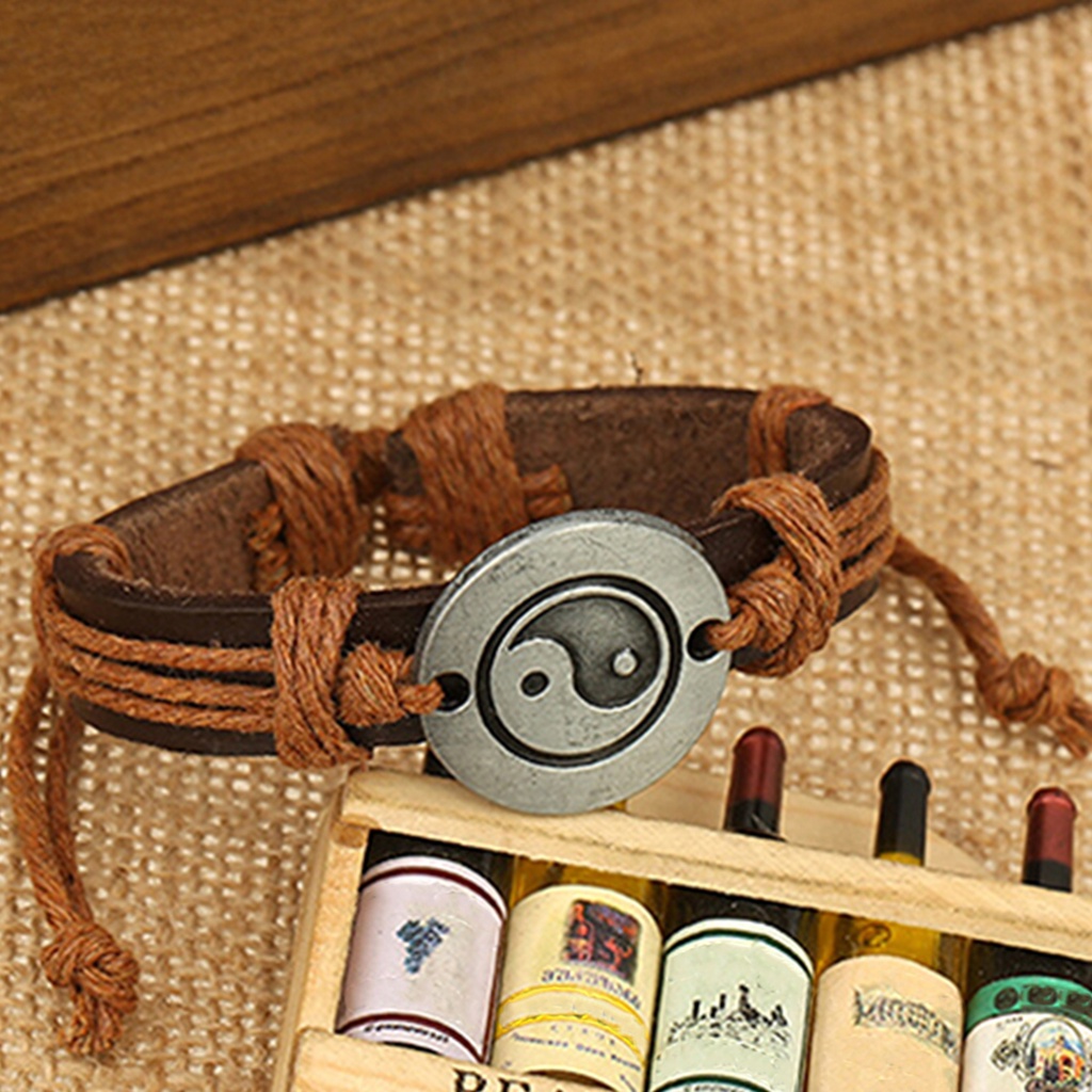 Vòng tay Unisex bằng da PU mặt hình bát quái độc đáo