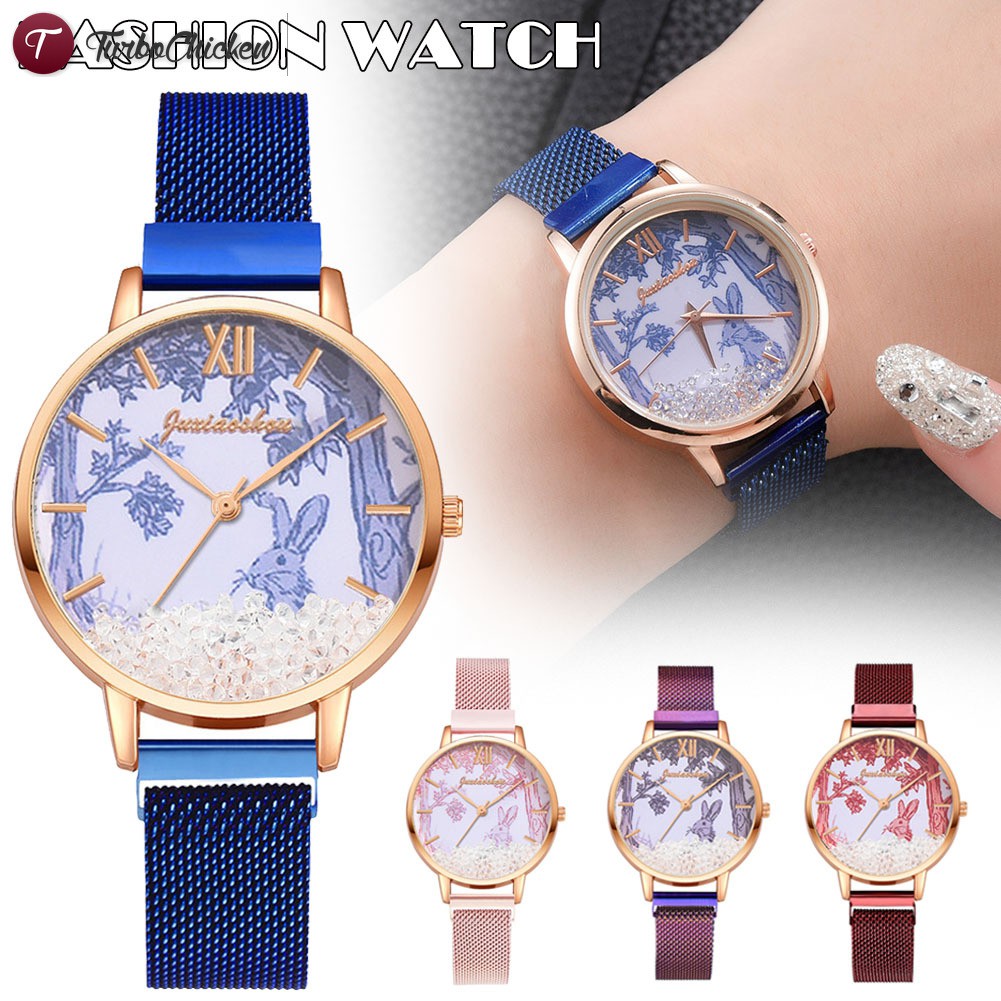 #Đồng hồ đeo tay# Fashion Quartz Watch Alloy Mesh Strap Cartoon Printed Round Dial Casual Watch for Women Girls