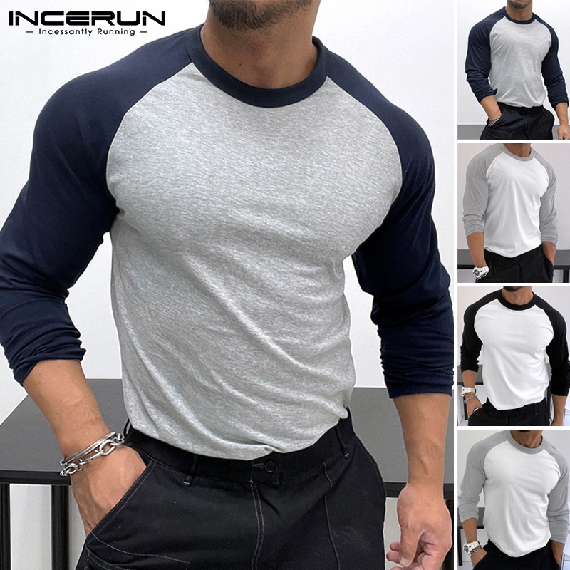 Áo INCERUN dài tay cổ tròn màu sắc nổi bật dành cho nam