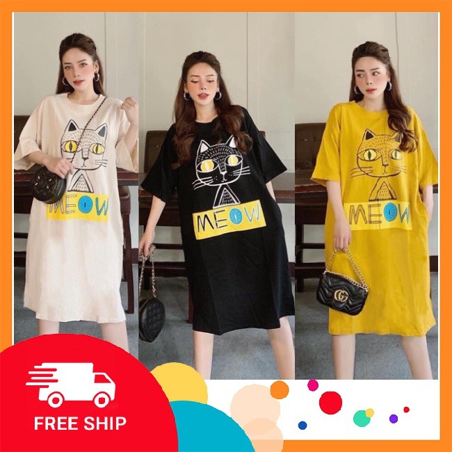 Váy Suông coton in hình mèo cute Form Rộng tay lỡ Không Túi nhiều màu trẻ trung năng động