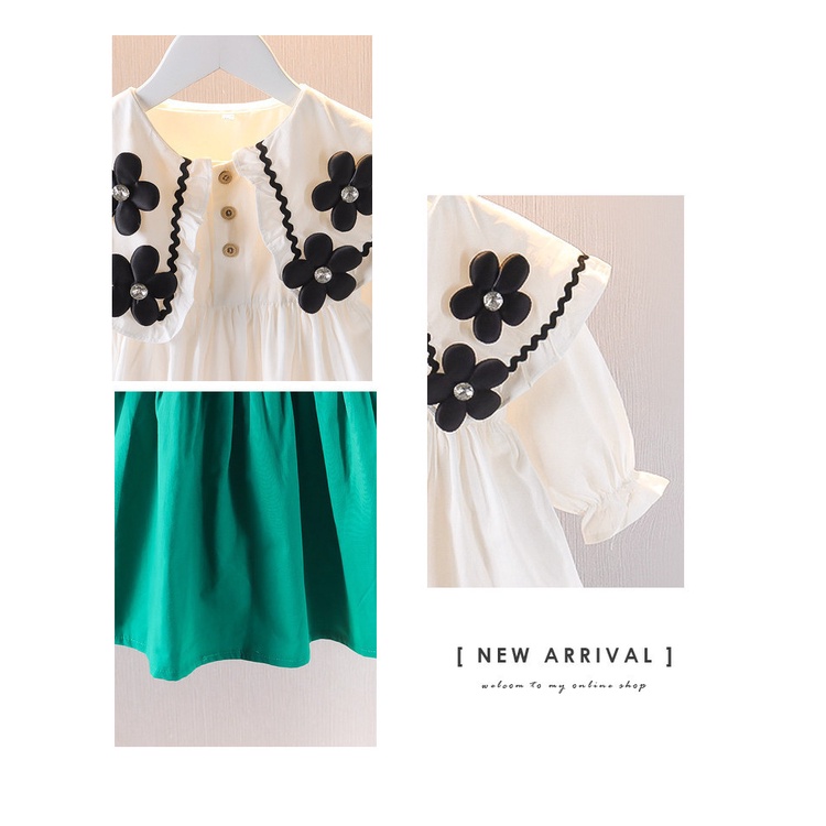 Váy đầm dài tay bé gái cổ bèo đính hoa dễ thương