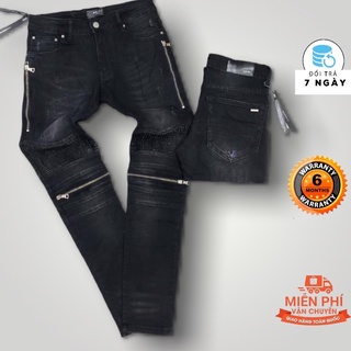 Quần Jean Nam Amiri Cao Cấp, Quần Bò Đen Rách Vá Gối Da  SPF.