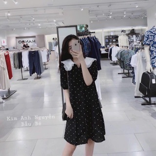 Váy Bầu Suông Cổ Nơ Chấm Bi Siêu đẹp