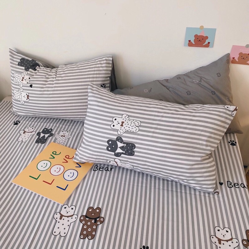 Bộ Chăn Ga Gối ❤️ Cotton living 100% cao cấp đủ size đệm ga giường họa tiết gấu đáng yêu phong cách Hàn Quốc chính hãng
