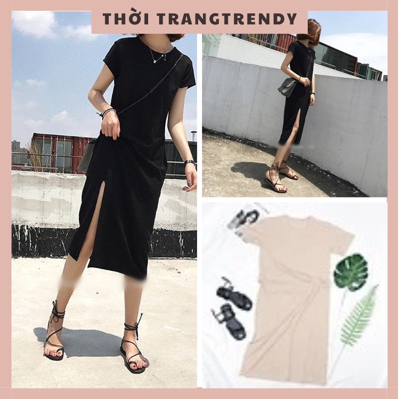 Váy cotton suông xẻ tà màu kem chất thun mềm mịn DV-0011-babytee