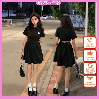Váy sơ mi logo khoét lung thắt nơ, Váy hở lưng KAZY STORE V2