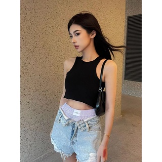 Quần jeans ngắn lưng cao phối rách giả hai mảnh thời trang mùa thu dành cho nữ ITF6