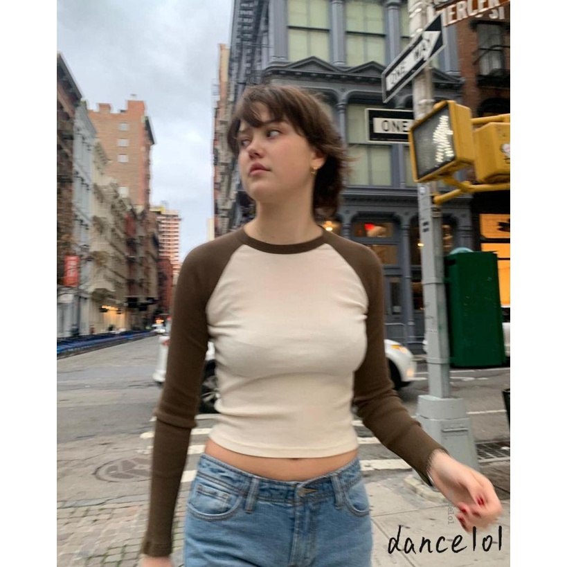 Áo Thun Nữ Tay Dài Cổ Tròn Màu Tương Phản Thời Trang dance1o1-Harajuku