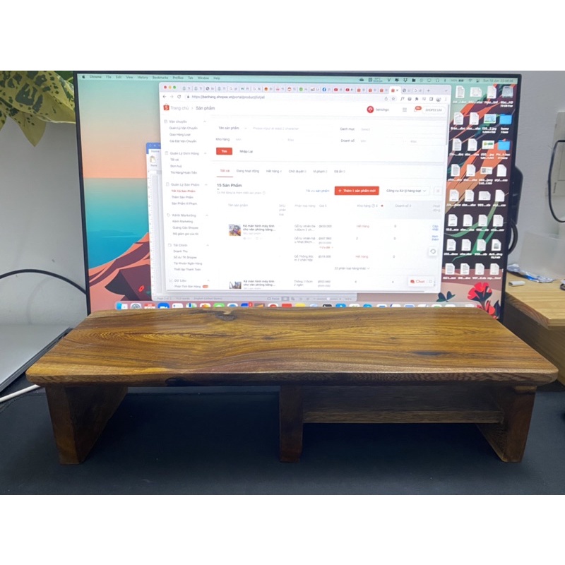 Kệ màn hình máy tính vát viền gỗ tự nhiên nguyên khối, setup WFH bàn làm việc 60cm - 90cm
