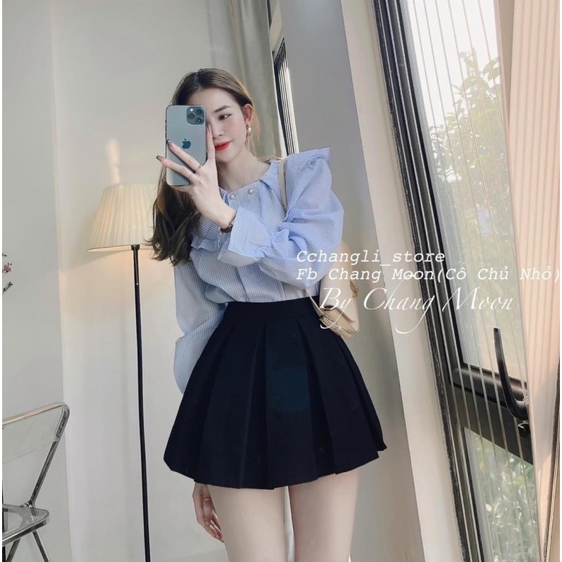 Áo sơ mi dài tay cổ bèo ngang tay cách điệu 2 hàng cúc SM222