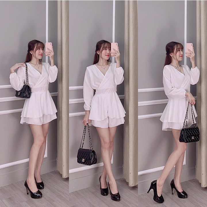 Jumpsuit nữ tay dài màu trắng đắp chéo sang chảnh 2023