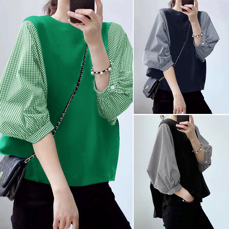 Áo kiểu ZANZEA tay phồng họa tiết sọc caro màu tương phản phong cách Hàn Quốc thời trang cho nữ