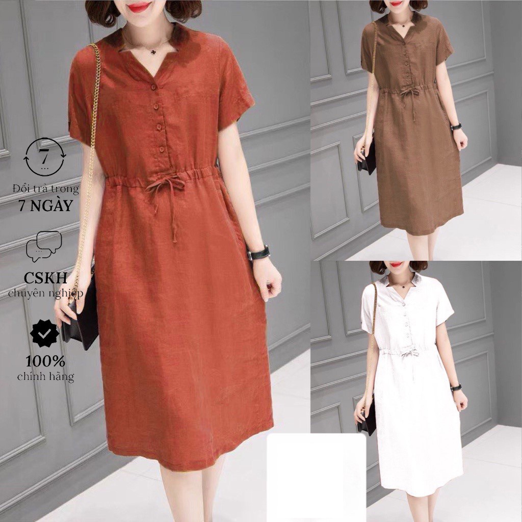 Đầm suông linen cổ bổ trụ, thời trang phong cách Hàn Quốc Da164