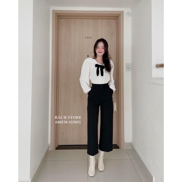 [RÁCH STORE] Áo kiểu cổ thuỷ thủ ren vải xốp hoa (28007)- Quần tây ống rộng 1 nút (10061)