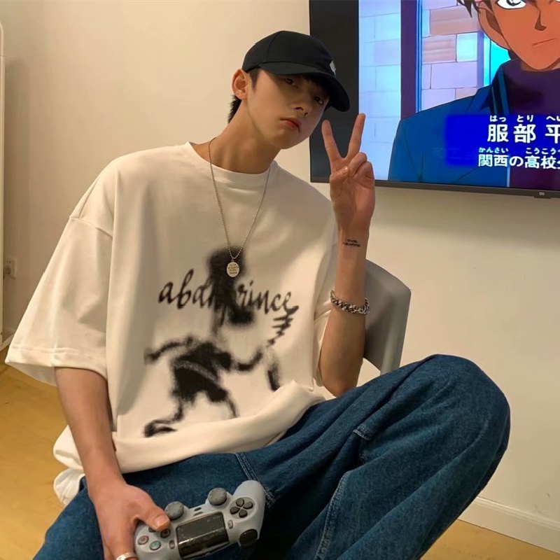 Áo thun tay ngắn dáng rộng in họa tiết hoạt hình phong cách đường phố hiphop cho nam size M-5XL