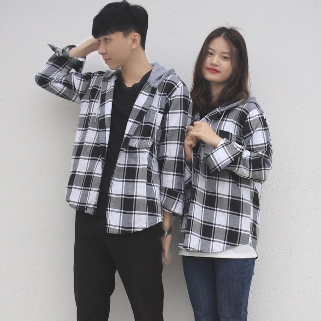 SMN01 Áo Sơ Mi Flannel Ulzzang Phối Mũ Kẻ Caro Unisex Cho Cả Nam Và Nữ Vải Kate