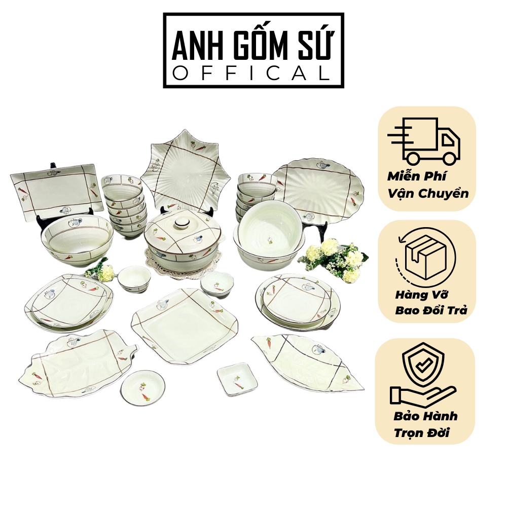 Bộ bát đĩa, bộ bát ăn men kem sứ Bát Tràng chính hãng, sang trọng vẽ củ quả - siêu đẹp